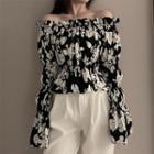 Long-sleeve Off-shoulder Cropped Floral Chiffon Top As Shown In Figure - One Size