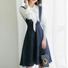 Set: 3/4-sleeve Tie-neck Blouse + Mini A-line Suspender Skirt