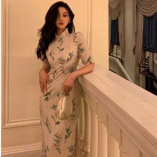 Short-sleeve Print Qipao Sheath Dress
