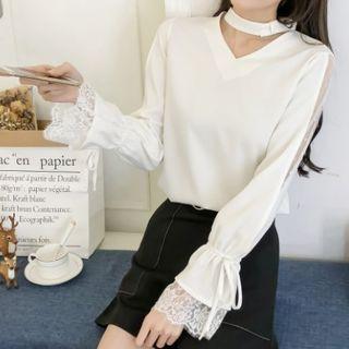 Lace Panel Choker Neck Blouse