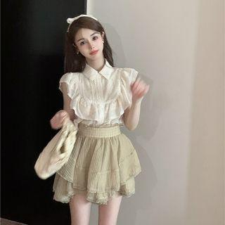 Sleeveless Ruffle Blouse / Mini A-line Skirt