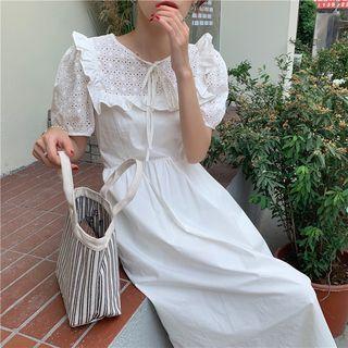 Puff-sleeve Eyelet Panel Ruffled Midi A-line Dress