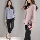 Set: Long Sleeve Tie Neck Blouse + Cropped Pants