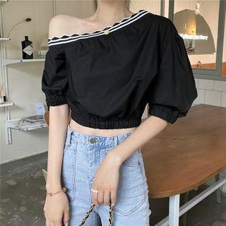 Contrast-trim One-shoulder Cropped Blouse Black - One Size