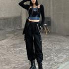 Set: Mock Two-piece Long-sleeve Chained Tie-dyed Crop Top + Cargo Pants + Pants Chain