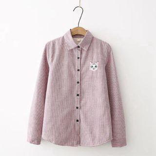 Fleece-lined Cat Embroidered Striped Shirt