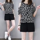 Set: Leaf Print Cold Shoulder Short-sleeve Top + High Waist Shorts
