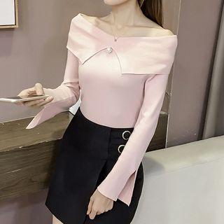 Long-sleeve Off Shoulder Faux Pearl Knit Top