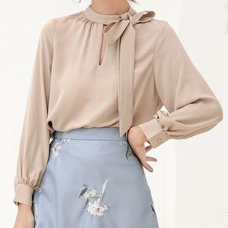 Long-sleeve Ribbon Accent Chiffon Blouse