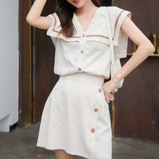 Set: Cap-sleeve Shirt + Mini A-line Skirt