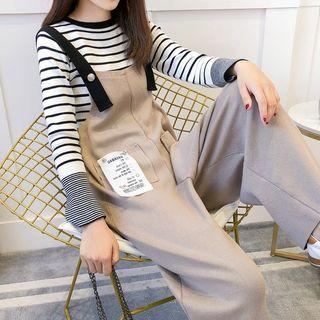 Set: Long-sleeve Striped Knit Top + Wide-leg Knit Jumper Pants