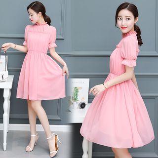 Plain Frill Trim Short Sleeve Chiffon Dress