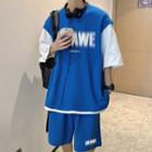 Set: Elbow-sleeve Mock Two-piece Lettering T-shirt + Shorts