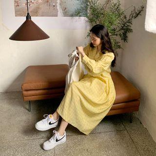 Shirred Checked Long Shirtdress