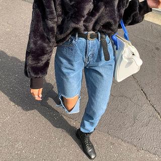 Band-waist Ripped Straight-cut Jeans