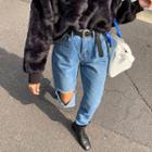 Band-waist Ripped Straight-cut Jeans