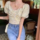 Short-sleeve Floral Cropped Blouse Yellow - One Size