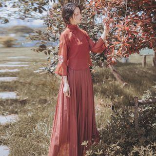 Hanfu Set: Bell-sleeve Embroidered Top + Spaghetti Strap Maxi Pleated Dress