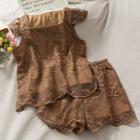Set: Sleeveless Embroidered Lace Crop Top + Shorts Brown - One Size
