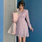 Long-sleeve Floral Mini A-line Dress Purple - One Size