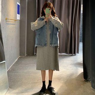 Loose-fit T-shirt Dress / Denim Hooded Vest