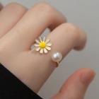 Flower Faux Pearl Sterling Silver Open Ring White & Gold - One Size