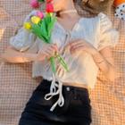 Balloon-sleeve Lace-up Cropped Blouse As Shown In Figure - One Size