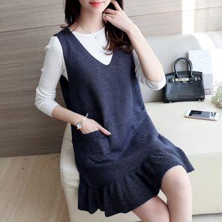 Set: Plain Long Sleeve Top + Ruffle Hem Knit Tank Dress