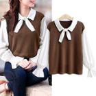 Bow Accent Knit Panel Blouse