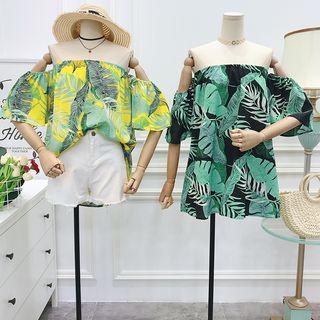 Off-shoulder Leaf Print Elbow-sleeve Top