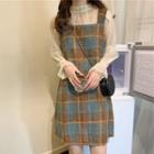 Long-sleeve Mesh Top / Plaid Mini Pinafore Dress