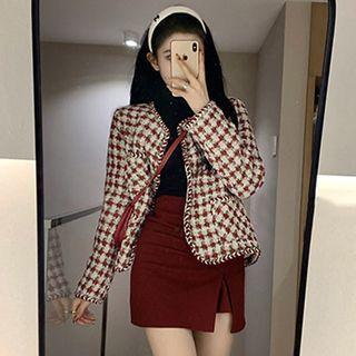 Single-breasted Tweed Jacket / Slit Mini Pencil Skirt