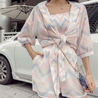 Set: Spaghetti Strap Off-shoulder Tank Top + Band-waist Shorts + Front Tie Open Cardigan