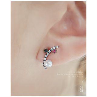 Faux-pearl Rhinestone-bar Stud Earrings