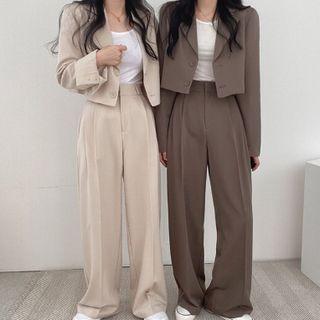 Plain Cropped Blazer / High-waist Plain Wide-leg  Pants