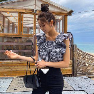 Sleeveless Frilled Gingham Crop Top