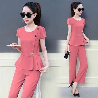 Set: Peplum Short-sleeve Top + Pants