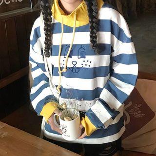 Embroidered Striped Mock Neck Pullover