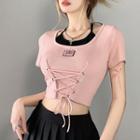Short-sleeve Mock Two-piece Lace Up Cropped T-shirt