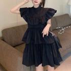 Short-sleeve Ruffled Layered Mini A-line Dress Black - One Size