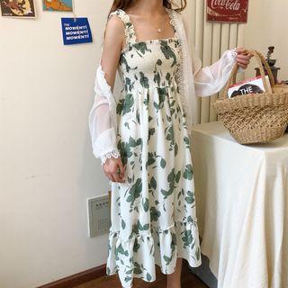 Lace Trim Light Jacket / Spaghetti Strap Midi Leaf Print Dress