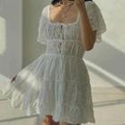 Puff-sleeve Square-neck Tie-strap Cutout Dress