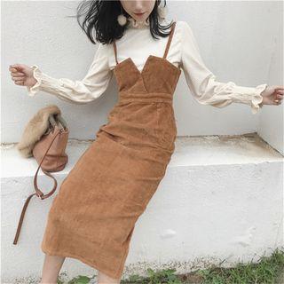 Set: Corduroy Long-sleeve Top + Spaghetti Strap Dress