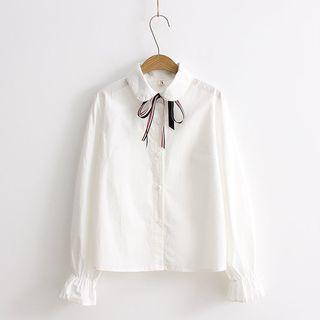 Long-sleeve Gather-cuff Tie-neck Blouse