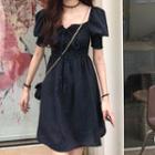 Puff-sleeve Dotted Chiffon A-line Mini Dress Black & White - One Size