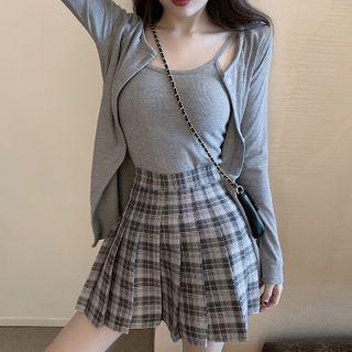 Light Jacket / Camisole Top / Plaid Mini Pleated Skirt / Set