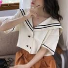 Elbow-sleeve Double Breasted Striped Trim Shirt Almond - One Size