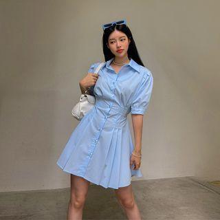 Puff-sleeve Pintuck Mini Shirtdress