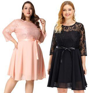 Plus Size 3/4-sleeve Lace Panel Mini A-line Dress