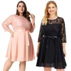 Plus Size 3/4-sleeve Lace Panel Mini A-line Dress